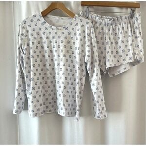 LAKE Pajamas Womens XL Pima Cotton Long-Short Set White Blue Floral Starburst